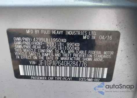 2016 Subaru Impreza 2.0I Sport Premium from USA, damaged, VIN JF1GPAP64GH284776